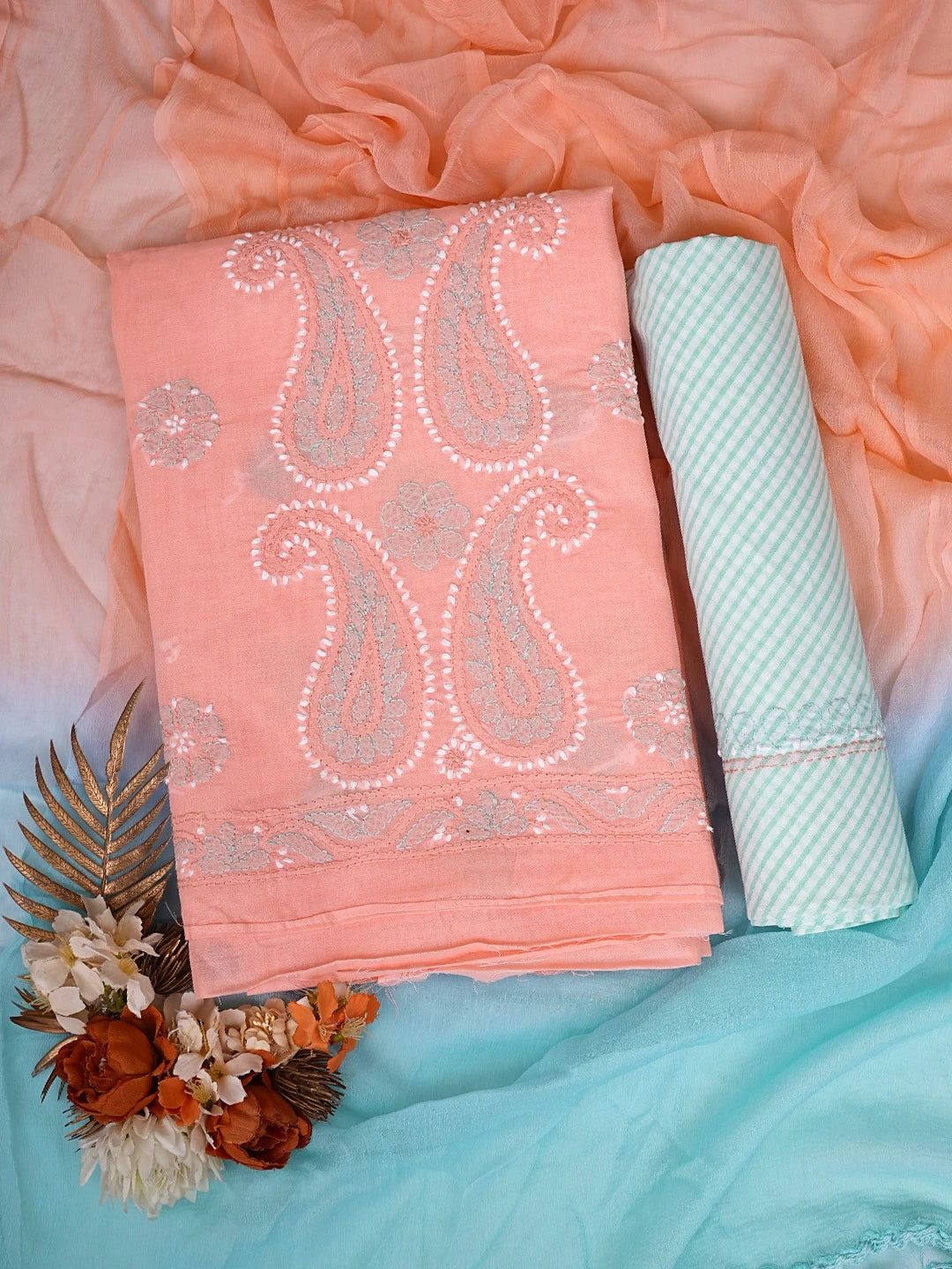 Ada Hand Embroidered Peach Cotton Lucknowi Chikankari Unstitched Suit Piece 01A819250