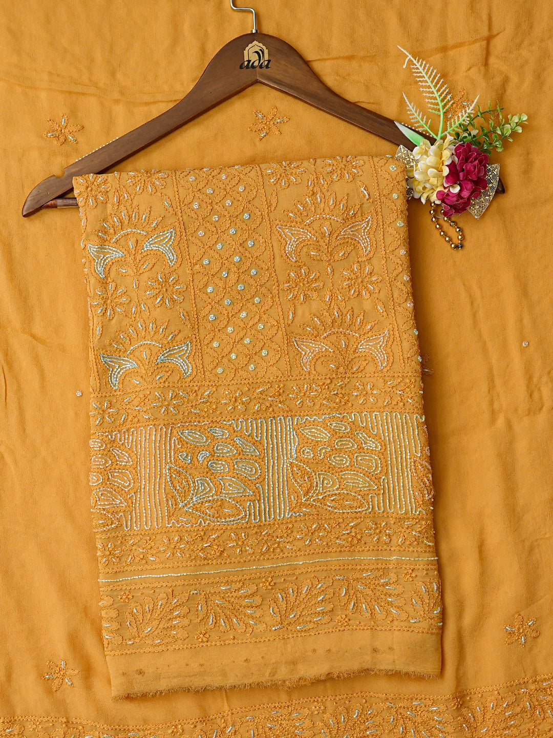 Ada Hand Embroidered Mustard Viscose Georgette Lucknowi Chikankari Unstitched Kurta Dupatta Set With Cutdana Work 01A779517