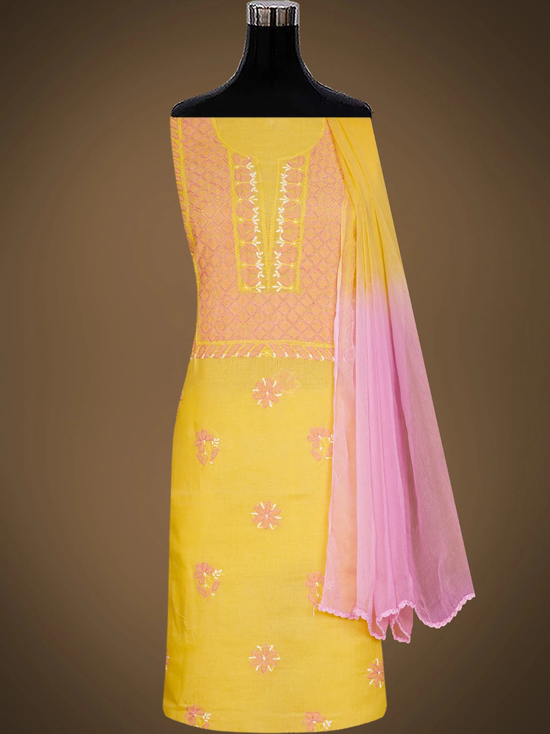 Ada Hand Embroidered Yellow Cotton Lucknowi Chikankari Unstitched Suit Piece 01A819223