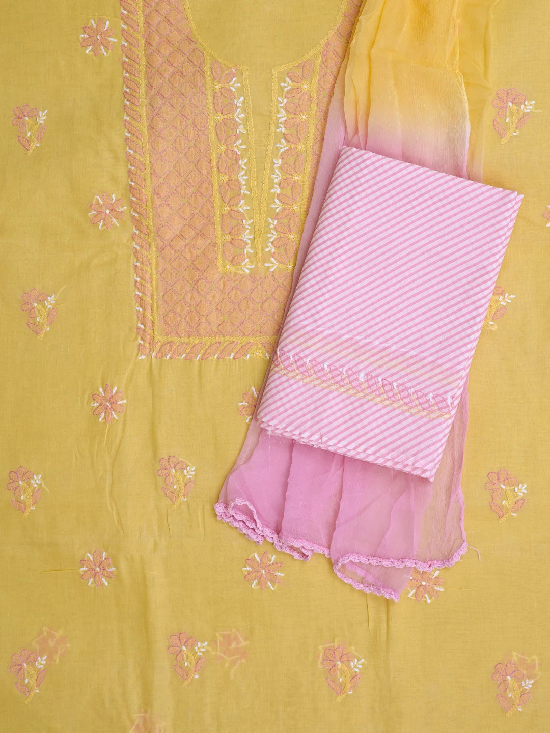 Ada Hand Embroidered Yellow Cotton Lucknowi Chikankari Unstitched Suit Piece 01A819223