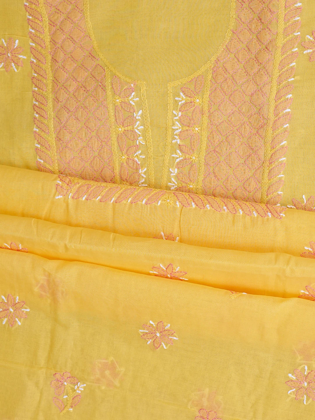 Ada Hand Embroidered Yellow Cotton Lucknowi Chikankari Unstitched Suit Piece 01A819223