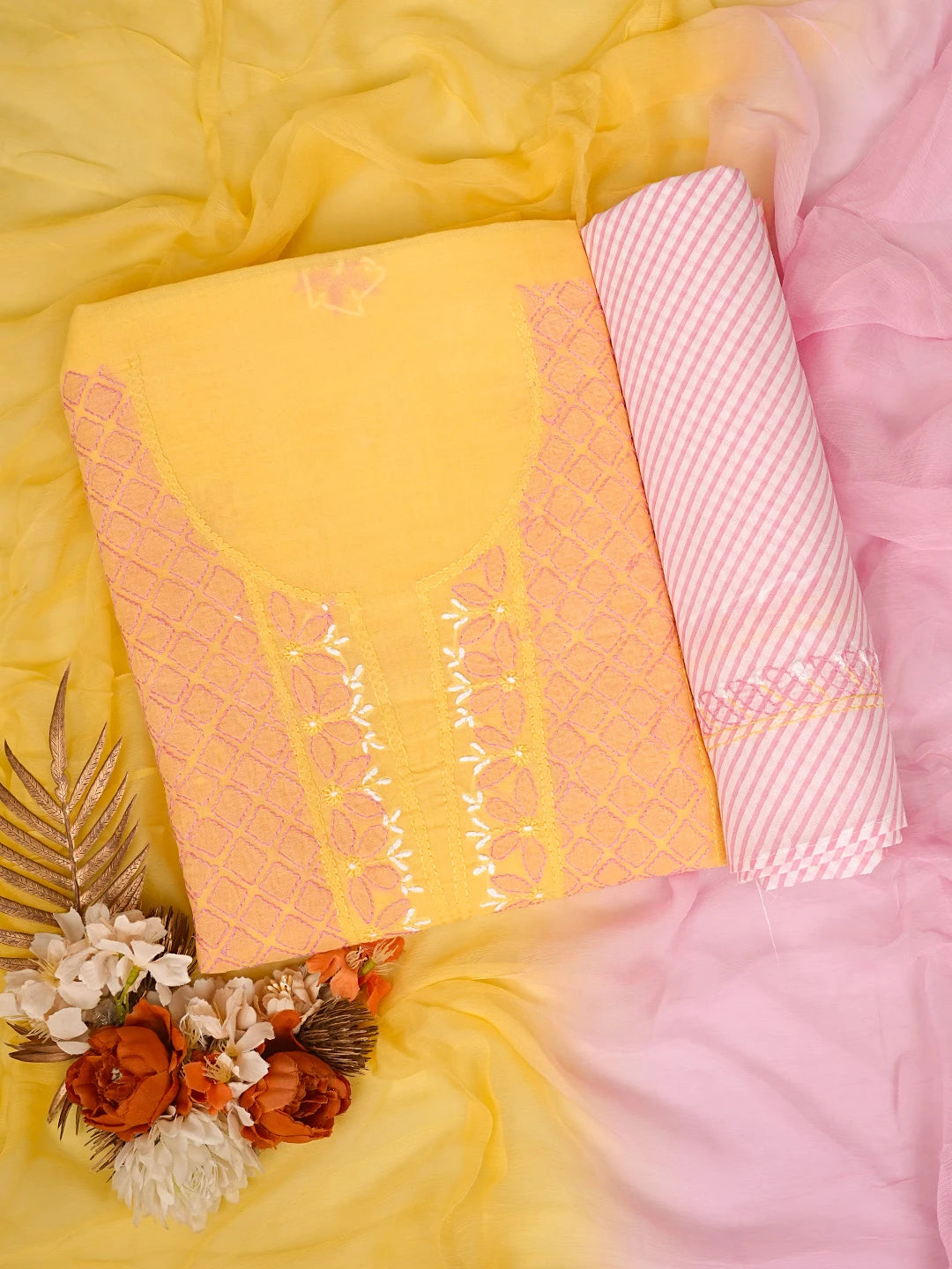 Ada Hand Embroidered Yellow Cotton Lucknowi Chikankari Unstitched Suit Piece 01A819223