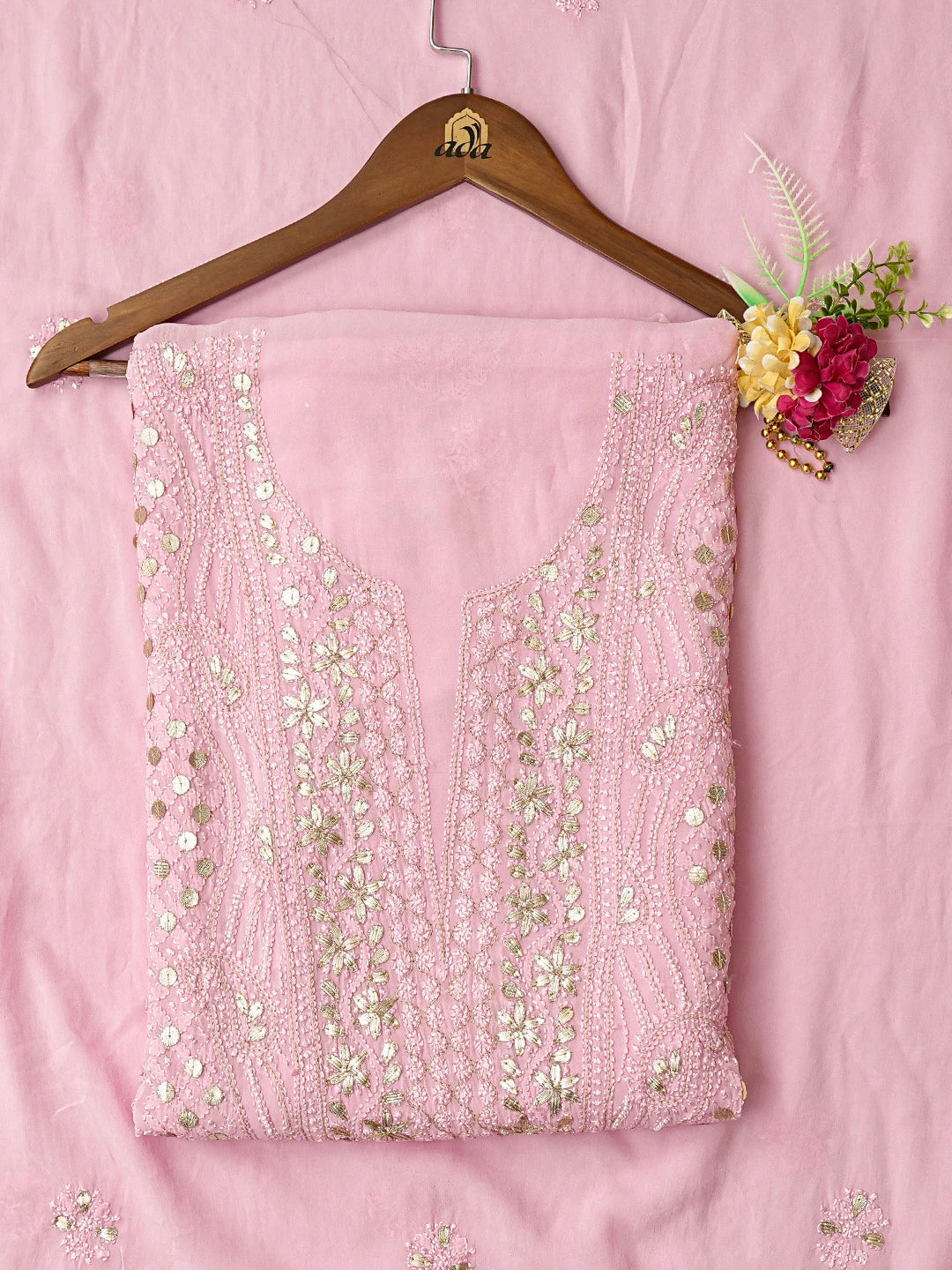 Ada Hand Embroidered Pink Viscose Georgette Lucknowi Chikankari Unstitched Kurta Dupatta Set With Gotapatti Work 01A802020