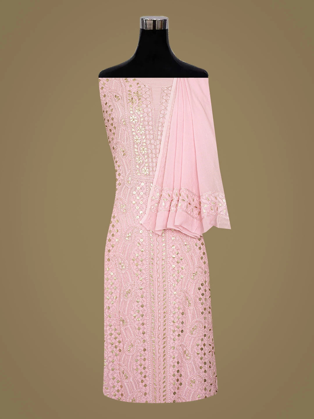 Ada Hand Embroidered Pink Viscose Georgette Lucknowi Chikankari Unstitched Kurta Dupatta Set With Gotapatti Work 01A802020