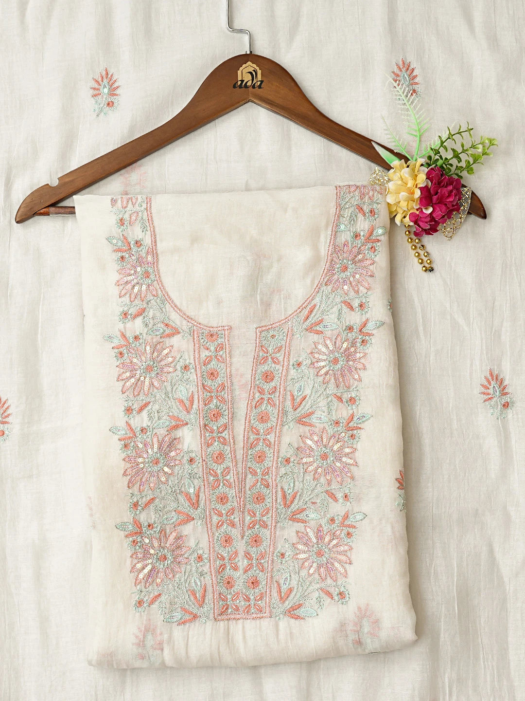 Ada Hand Embroidered White Chanderi Lucknowi Chikankari Unstitched Kurta Dupatta Set With Cutdana Work 01A483210