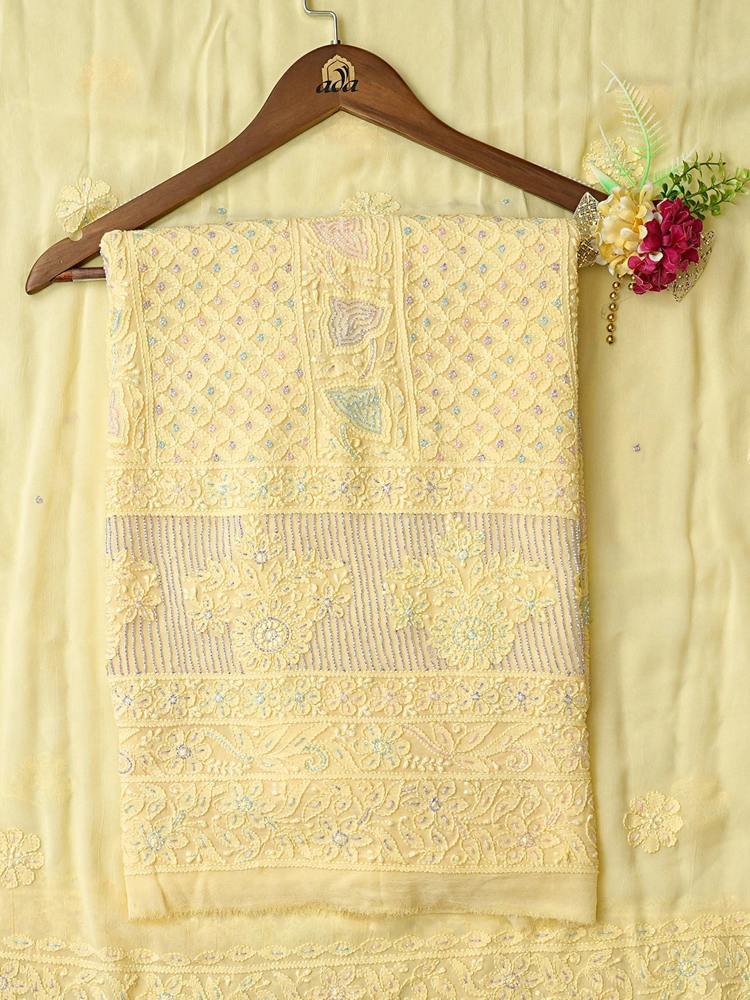 Ada Hand Embroidered Lemon Viscose Georgette Lucknowi Chikankari Unstitched Kurta Dupatta Set With Cutdana Work 01A807101