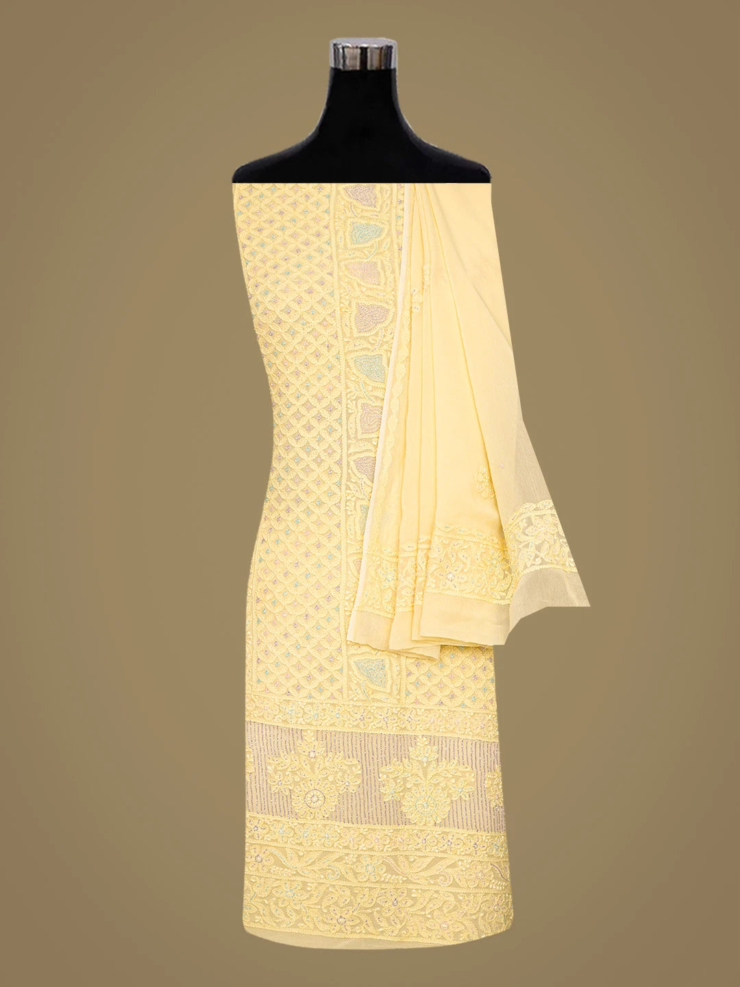 Ada Hand Embroidered Lemon Viscose Georgette Lucknowi Chikankari Unstitched Kurta Dupatta Set With Cutdana Work 01A807101