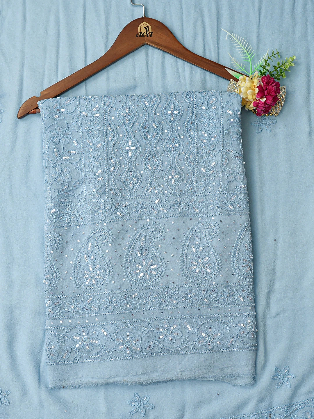 Ada Hand Embroidered Carolina Blue Viscose Georgette Lucknowi Chikankari Unstitched Kurta Dupatta Set With Cutdana Work 01A792770