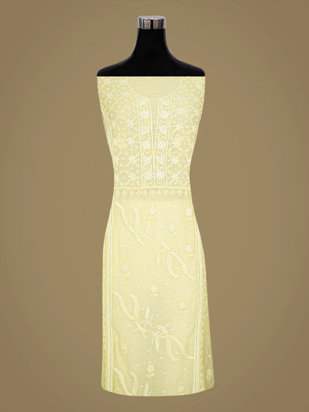 Ada Hand Embroidered Lemon Chanderi Lucknowi Chikankari Semi-stitched Kurta Dupatta Set With Pearl Work 01A700390