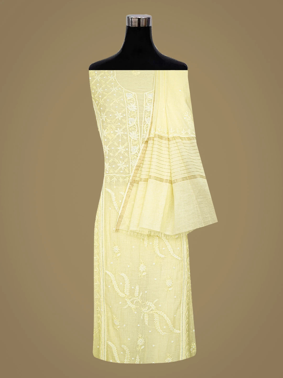 Ada Hand Embroidered Lemon Chanderi Lucknowi Chikankari Semi-stitched Kurta Dupatta Set With Pearl Work 01A700390