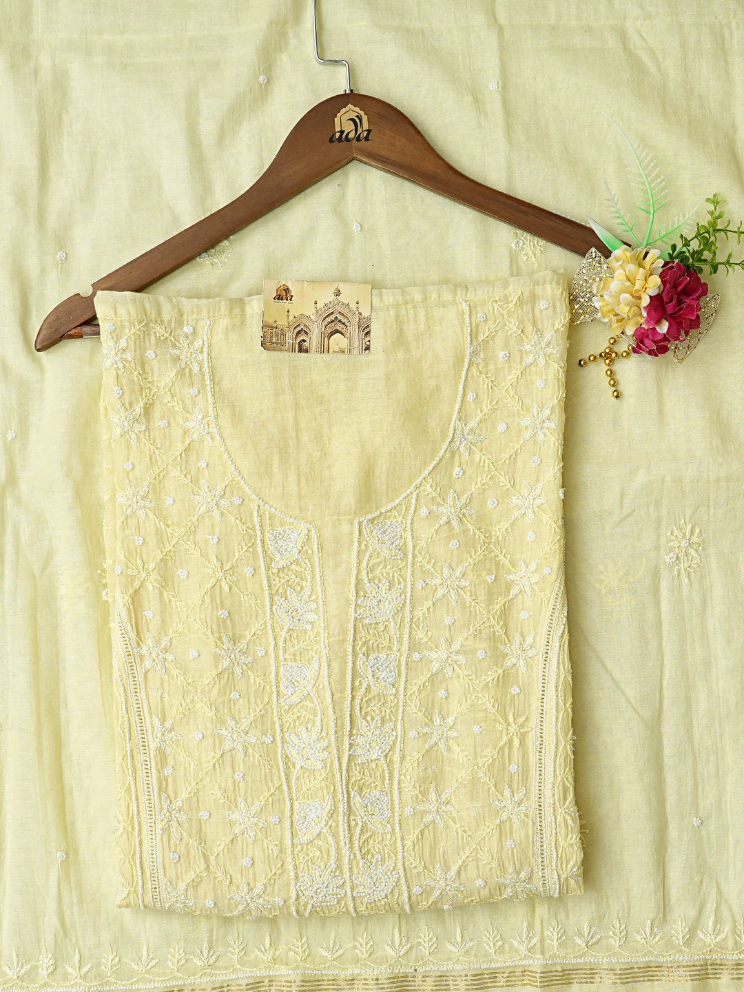 Ada Hand Embroidered Lemon Chanderi Lucknowi Chikankari Semi-stitched Kurta Dupatta Set With Pearl Work 01A700390