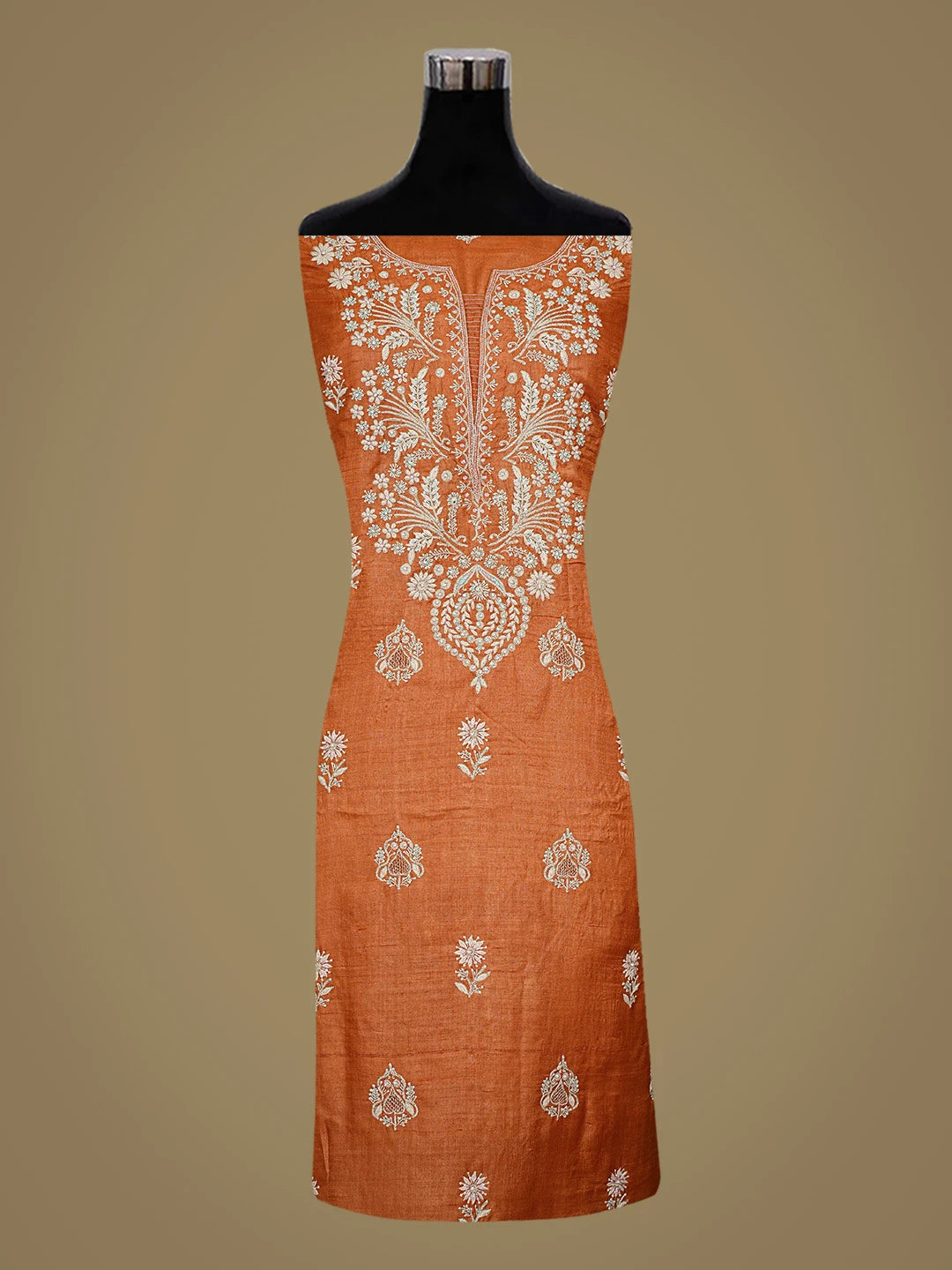 Ada Hand Embroidered Rust Silk Lucknowi Chikankari Unstitched Suit Piece With Cutdana Work 01A759849