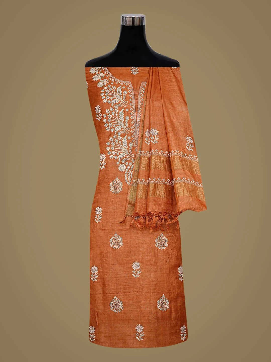 Ada Hand Embroidered Rust Silk Lucknowi Chikankari Unstitched Suit Piece With Cutdana Work 01A759849
