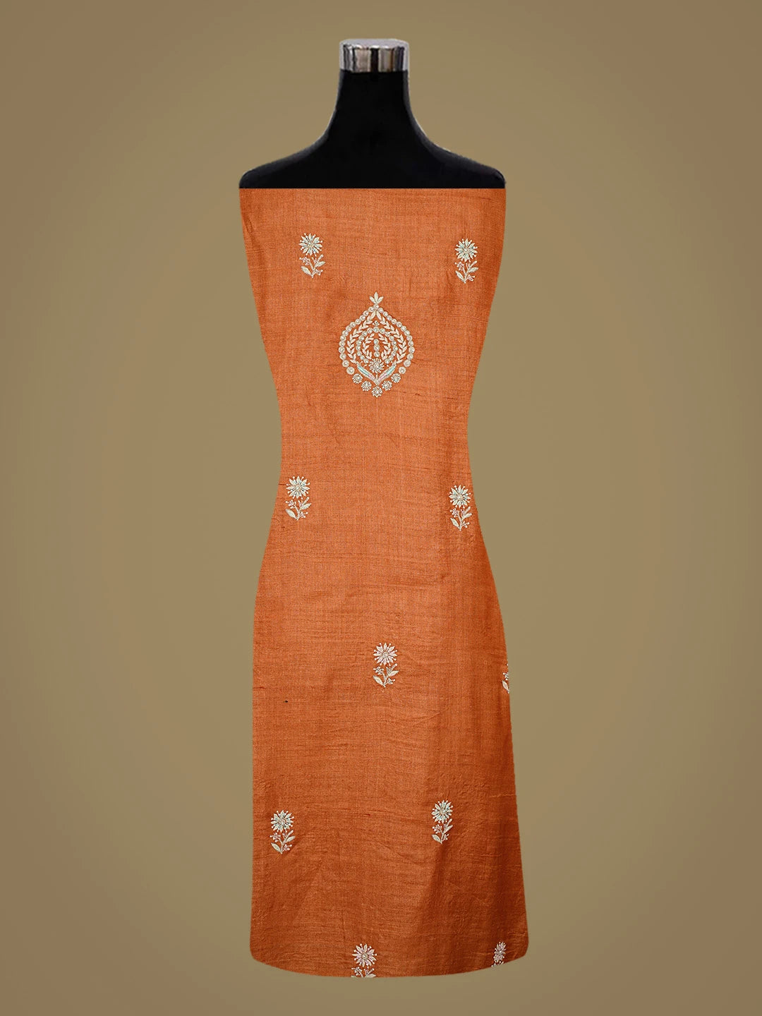 Ada Hand Embroidered Rust Silk Lucknowi Chikankari Unstitched Suit Piece With Cutdana Work 01A759849