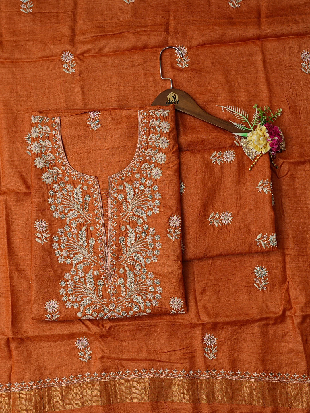 Ada Hand Embroidered Rust Silk Lucknowi Chikankari Unstitched Suit Piece With Cutdana Work 01A759849