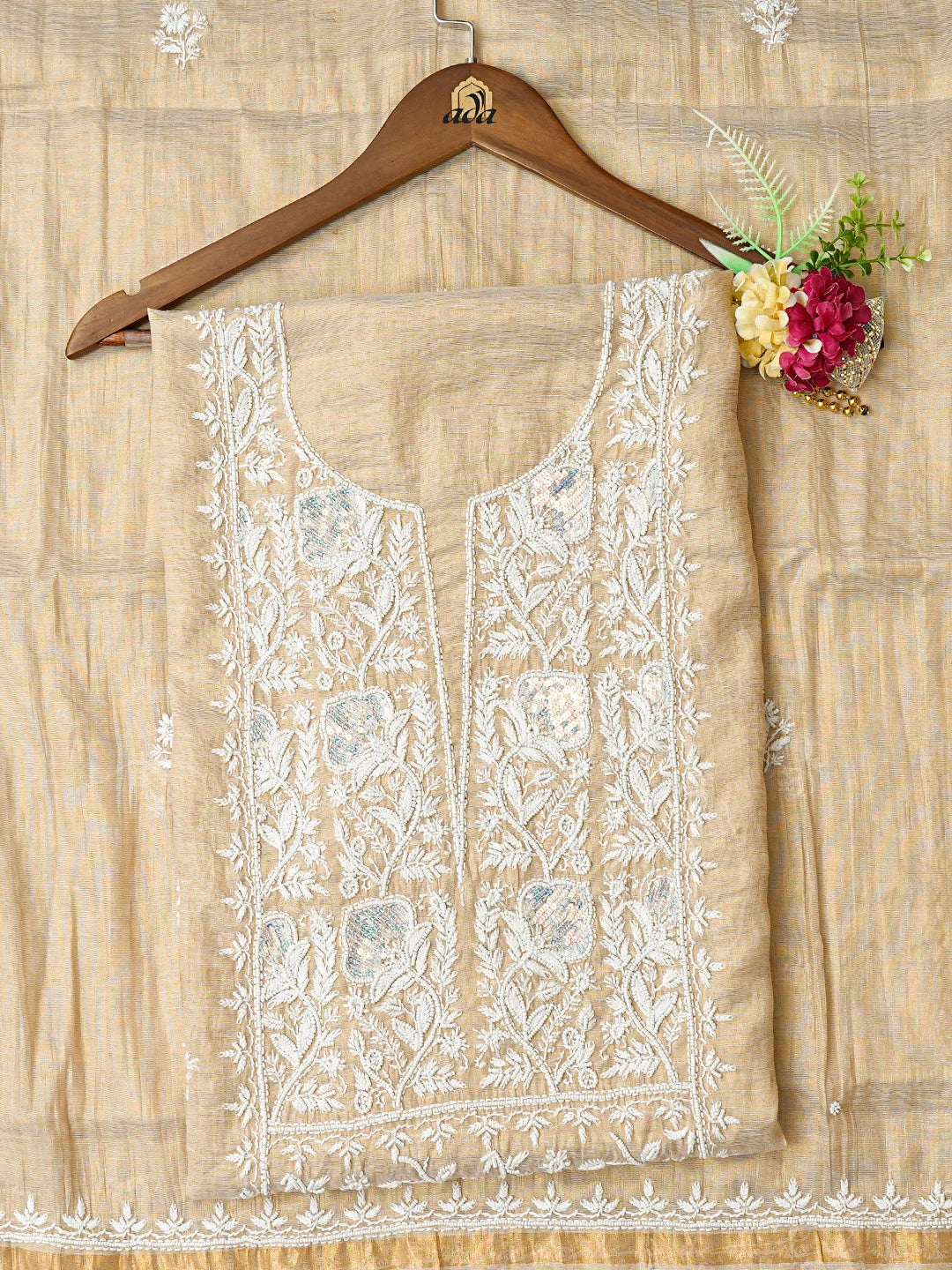 Ada Hand Embroidered Fawn Tissue Lucknowi Chikankari Unstitched Kurta Dupatta Set With Pearl Work 01A784493
