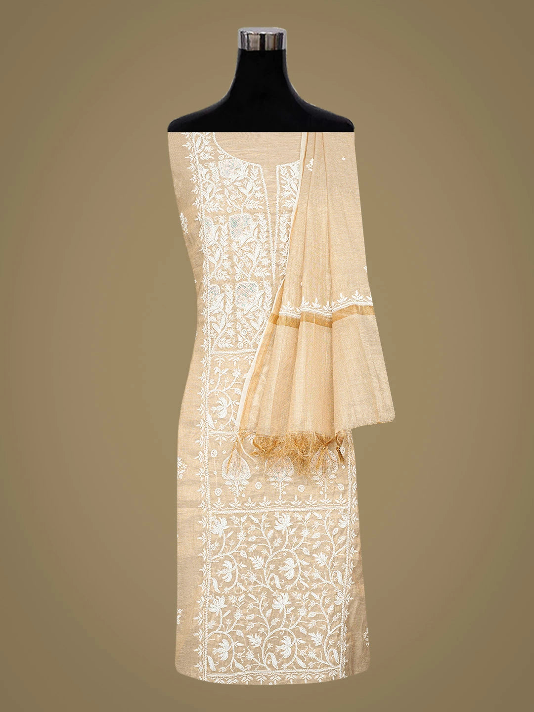 Ada Hand Embroidered Fawn Tissue Lucknowi Chikankari Unstitched Kurta Dupatta Set With Pearl Work 01A784493