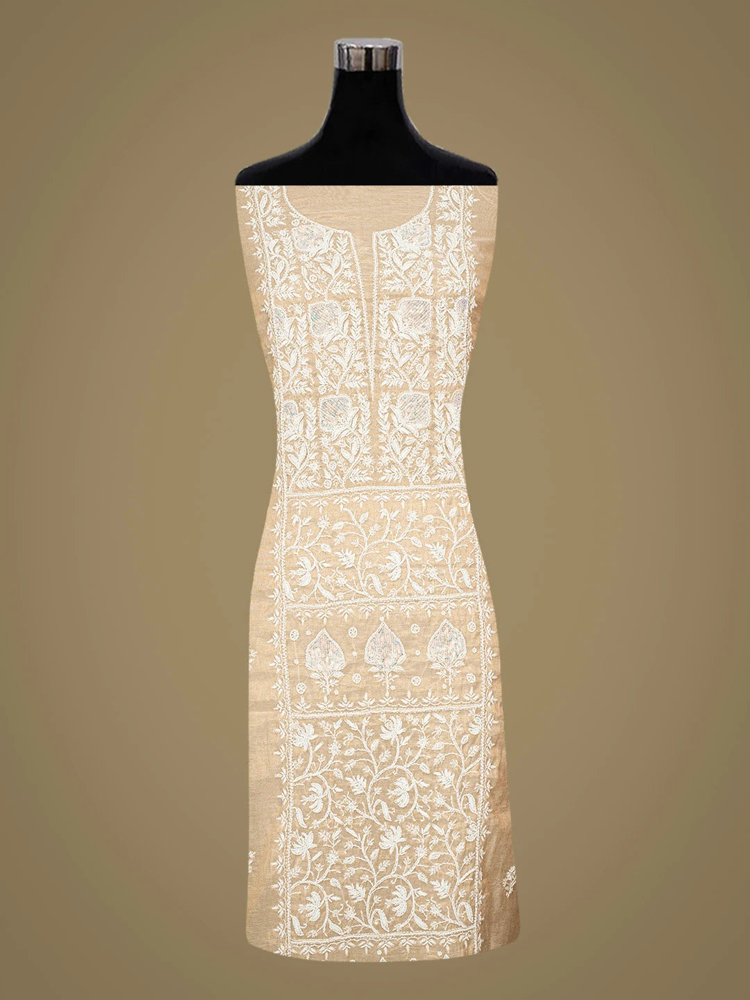 Ada Hand Embroidered Fawn Tissue Lucknowi Chikankari Unstitched Kurta Dupatta Set With Pearl Work 01A784493