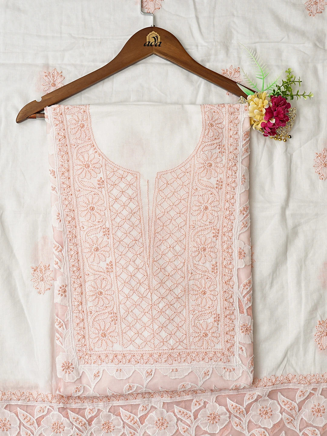 Ada Hand Embroidered White Cotton Lucknowi Chikankari Unstitched Kurta Dupatta Set 01A743507