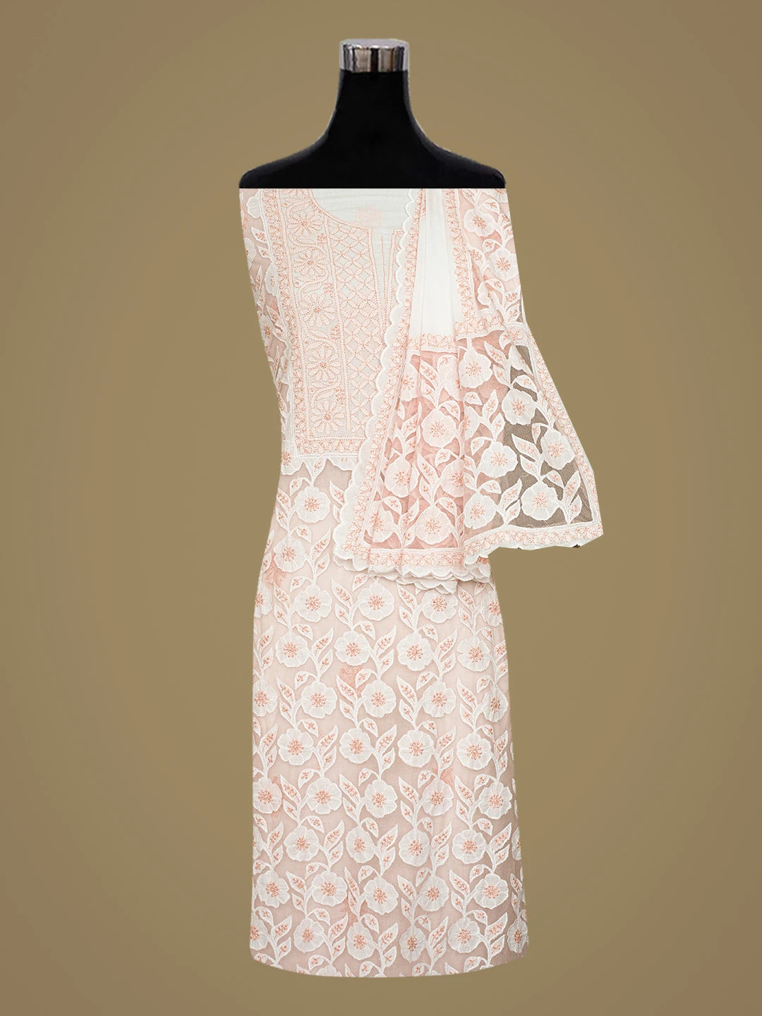 Ada Hand Embroidered White Cotton Lucknowi Chikankari Unstitched Kurta Dupatta Set 01A743507
