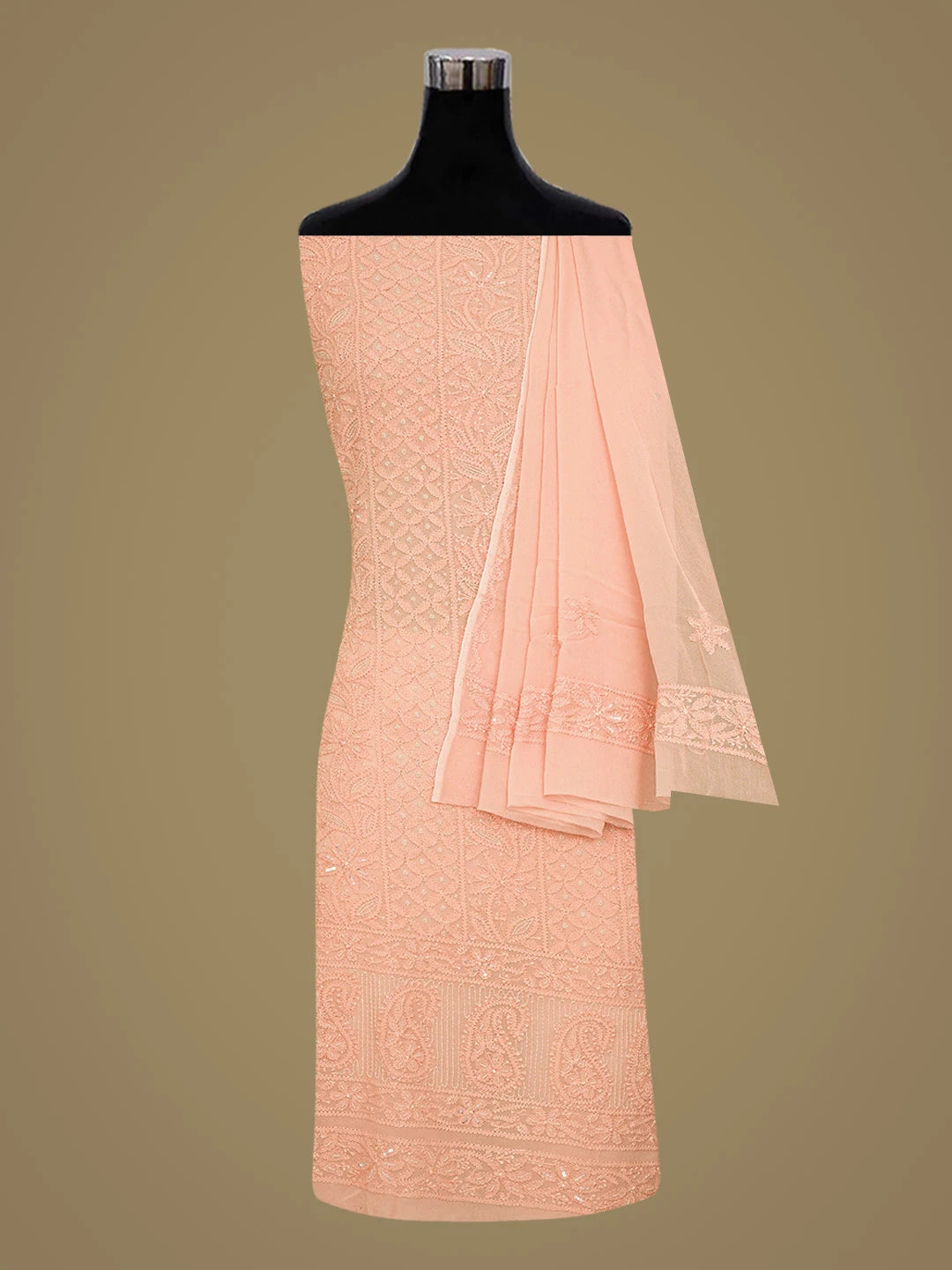 Ada Hand Embroidered Peach Viscose Georgette Lucknowi Chikankari Unstitched Kurta Dupatta Set With Cutdana Work 01A795841