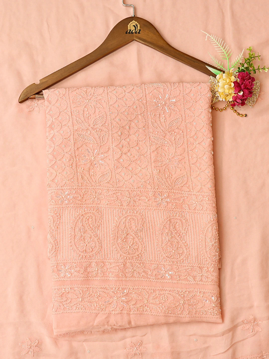 Ada Hand Embroidered Peach Viscose Georgette Lucknowi Chikankari Unstitched Kurta Dupatta Set With Cutdana Work 01A795841