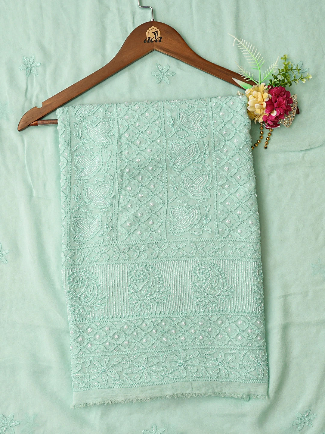 Ada Hand Embroidered Sea Green Viscose Georgette Lucknowi Chikankari Unstitched Kurta Dupatta Set With Cutdana Work 01A806920