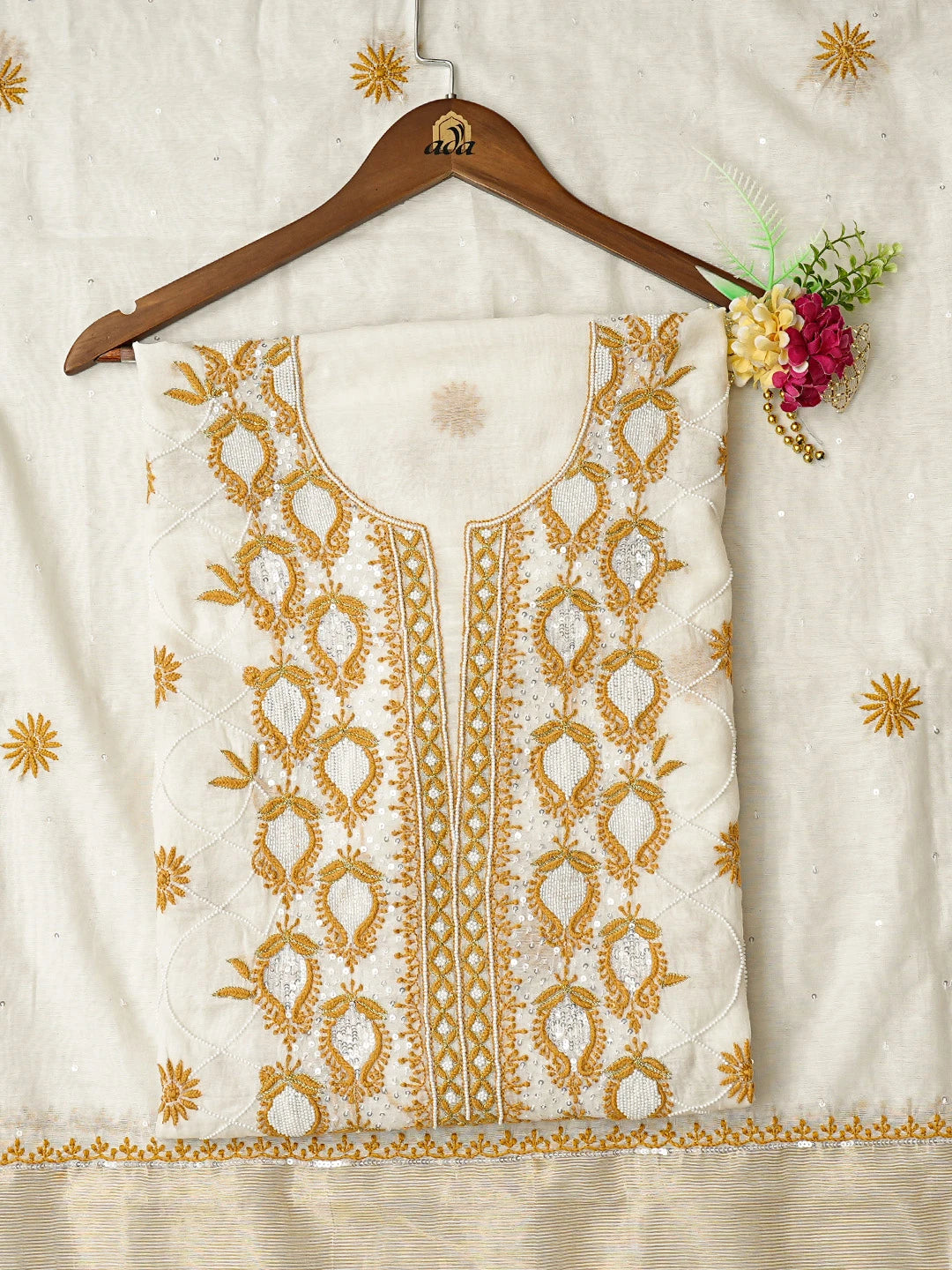 Ada Hand Embroidered White Chanderi Lucknowi Chikankari Unstitched Kurta Dupatta Set With Cutdana Work 01A563945