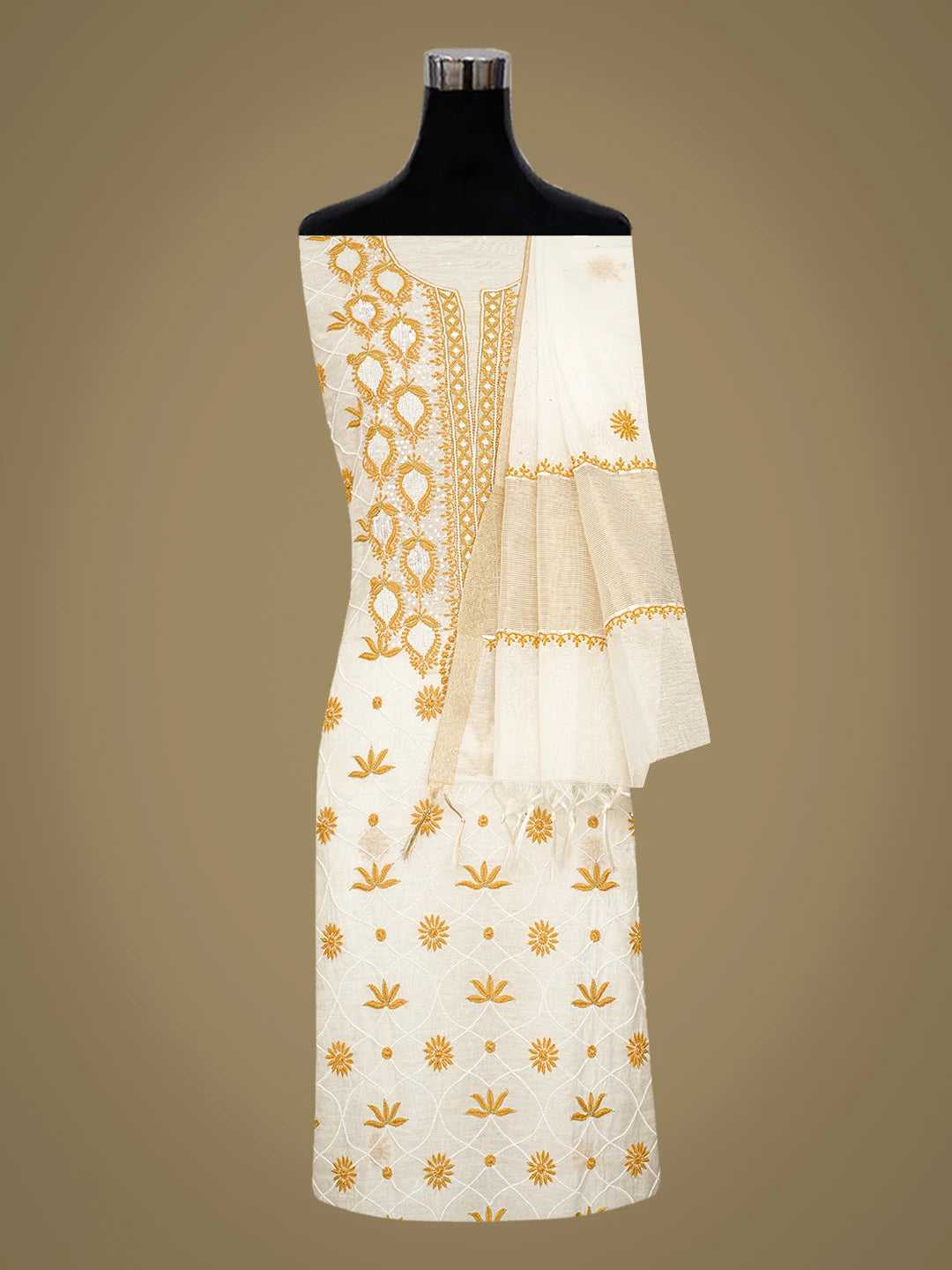 Ada Hand Embroidered White Chanderi Lucknowi Chikankari Unstitched Kurta Dupatta Set With Cutdana Work 01A563945