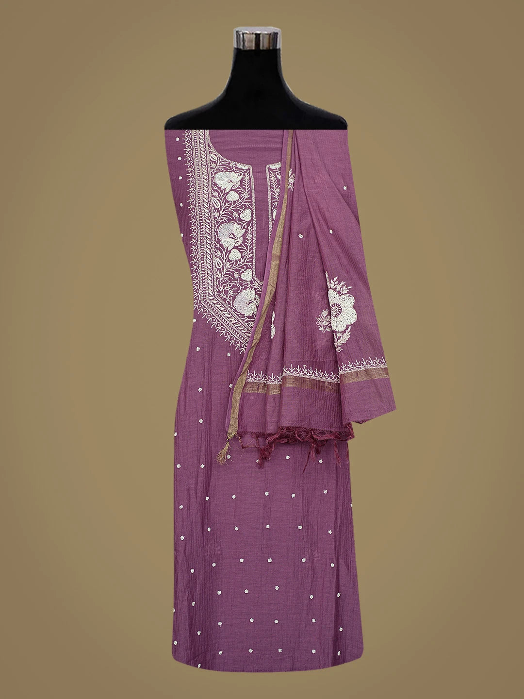 Ada Hand Embroidered Purple Chanderi Lucknowi Chikankari Semi-stitched Kurta Dupatta Set With Pearl Work 01A581903