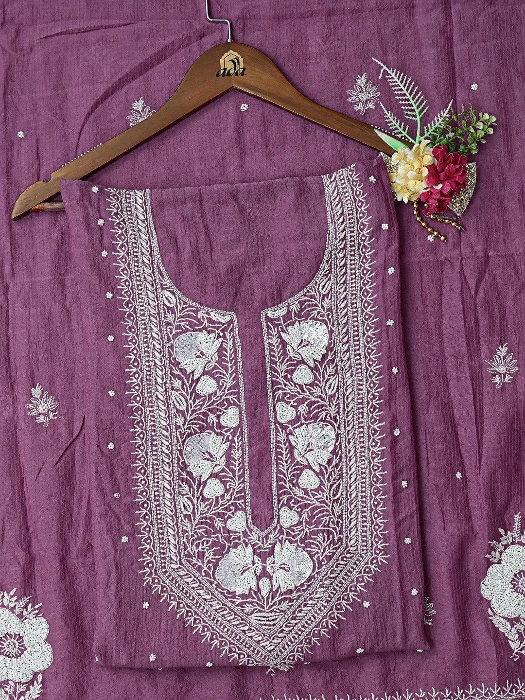 Ada Hand Embroidered Purple Chanderi Lucknowi Chikankari Semi-stitched Kurta Dupatta Set With Pearl Work 01A581903