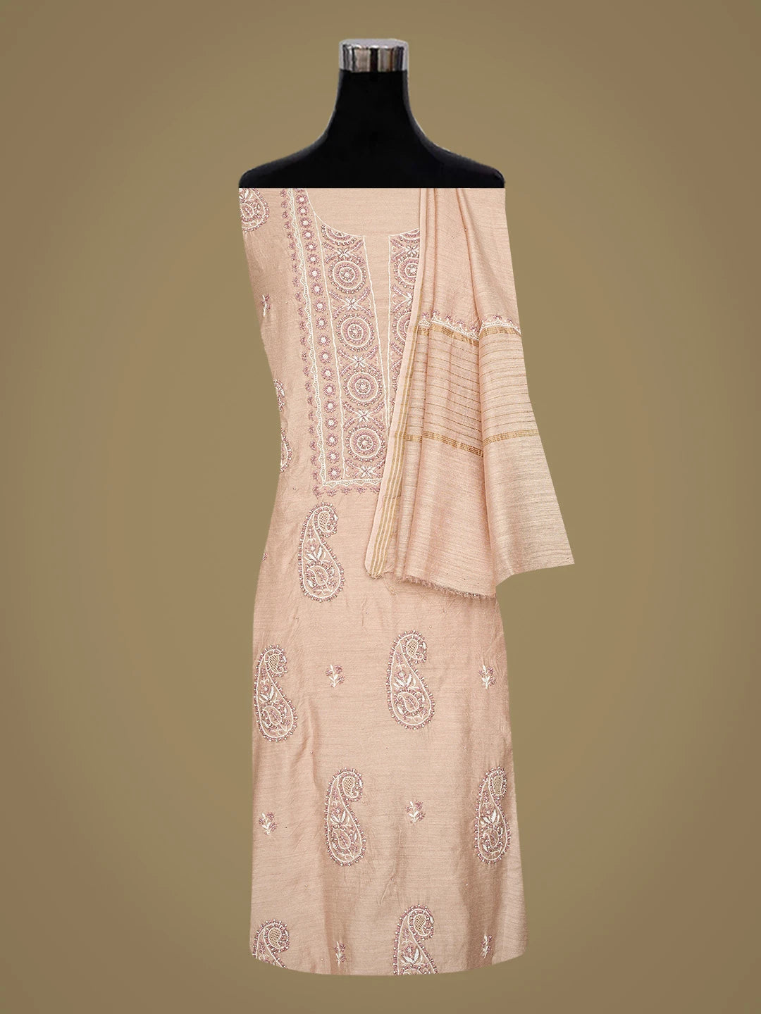 Ada Hand Embroidered Dusty Peach Moonga Silk Lucknowi Chikankari Unstitched Kurta Dupatta Set With Cutdana Work 01A796717