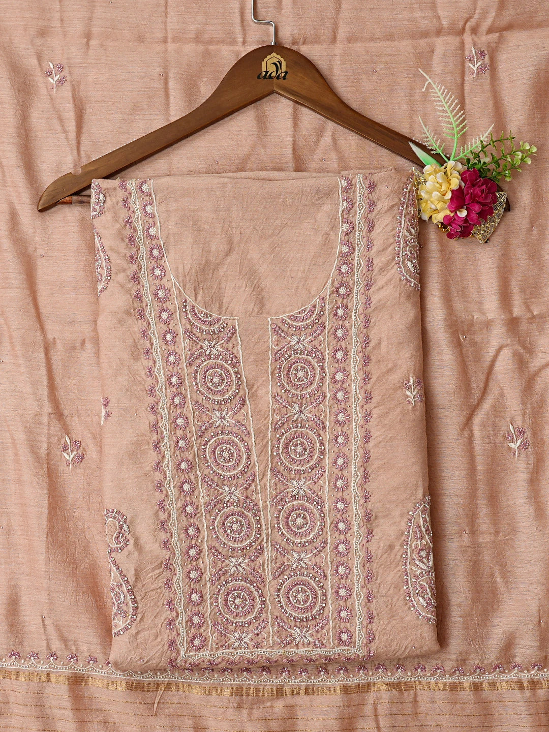 Ada Hand Embroidered Dusty Peach Moonga Silk Lucknowi Chikankari Unstitched Kurta Dupatta Set With Cutdana Work 01A796717