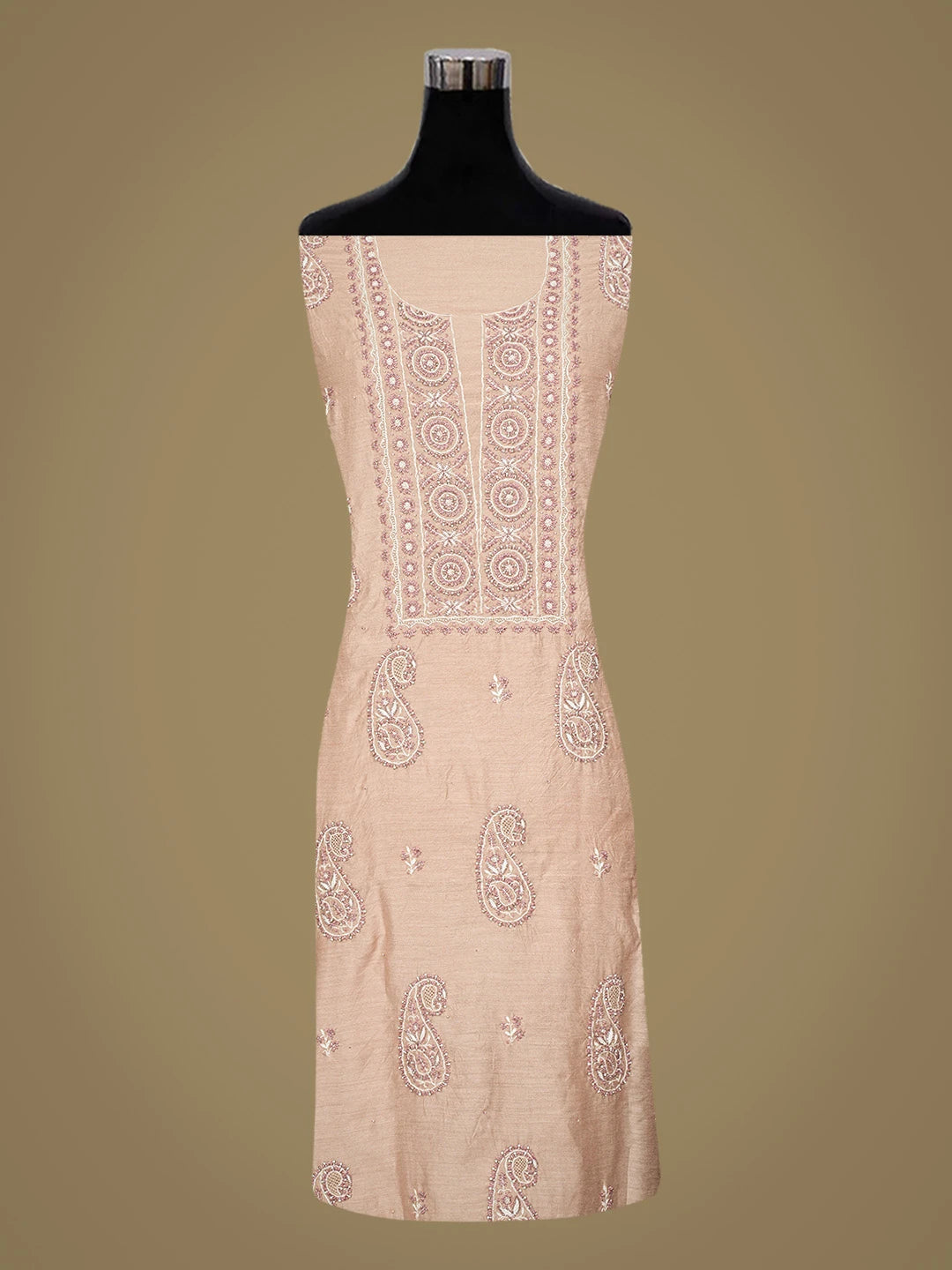 Ada Hand Embroidered Dusty Peach Moonga Silk Lucknowi Chikankari Unstitched Kurta Dupatta Set With Cutdana Work 01A796717