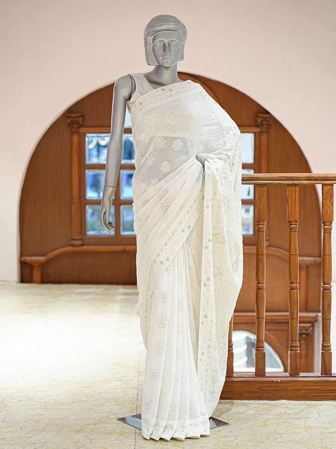 Ada Hand Embroidered White Pure Georgette Lucknowi Chikankari Saree and Blouse With Cutdana Work 01A546555