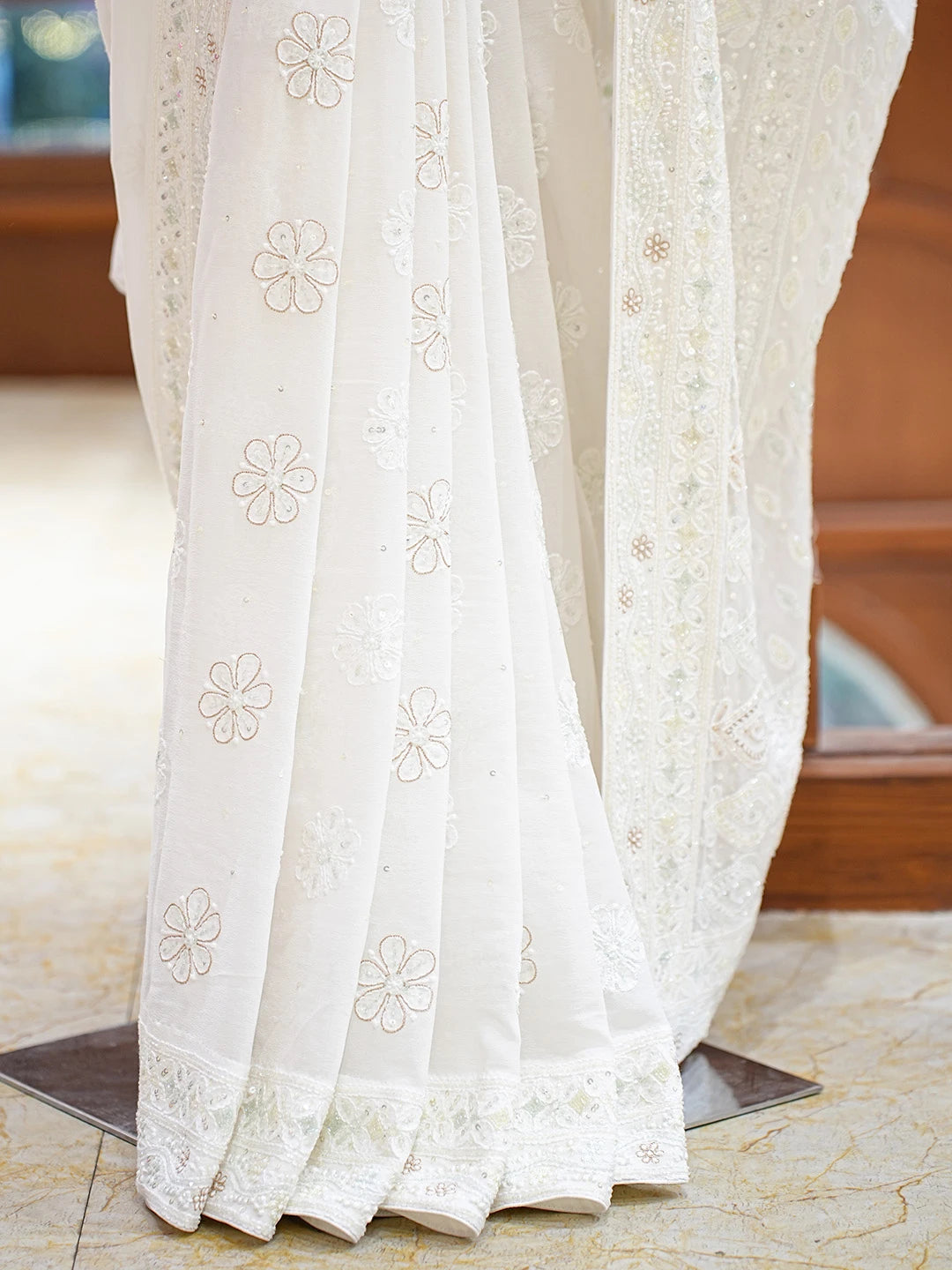 Ada Hand Embroidered White Pure Georgette Lucknowi Chikankari Saree and Blouse With Cutdana Work 01A546555