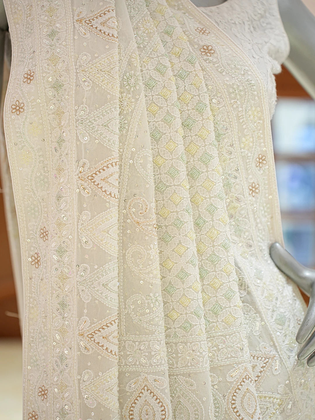 Ada Hand Embroidered White Pure Georgette Lucknowi Chikankari Saree and Blouse With Cutdana Work 01A546555