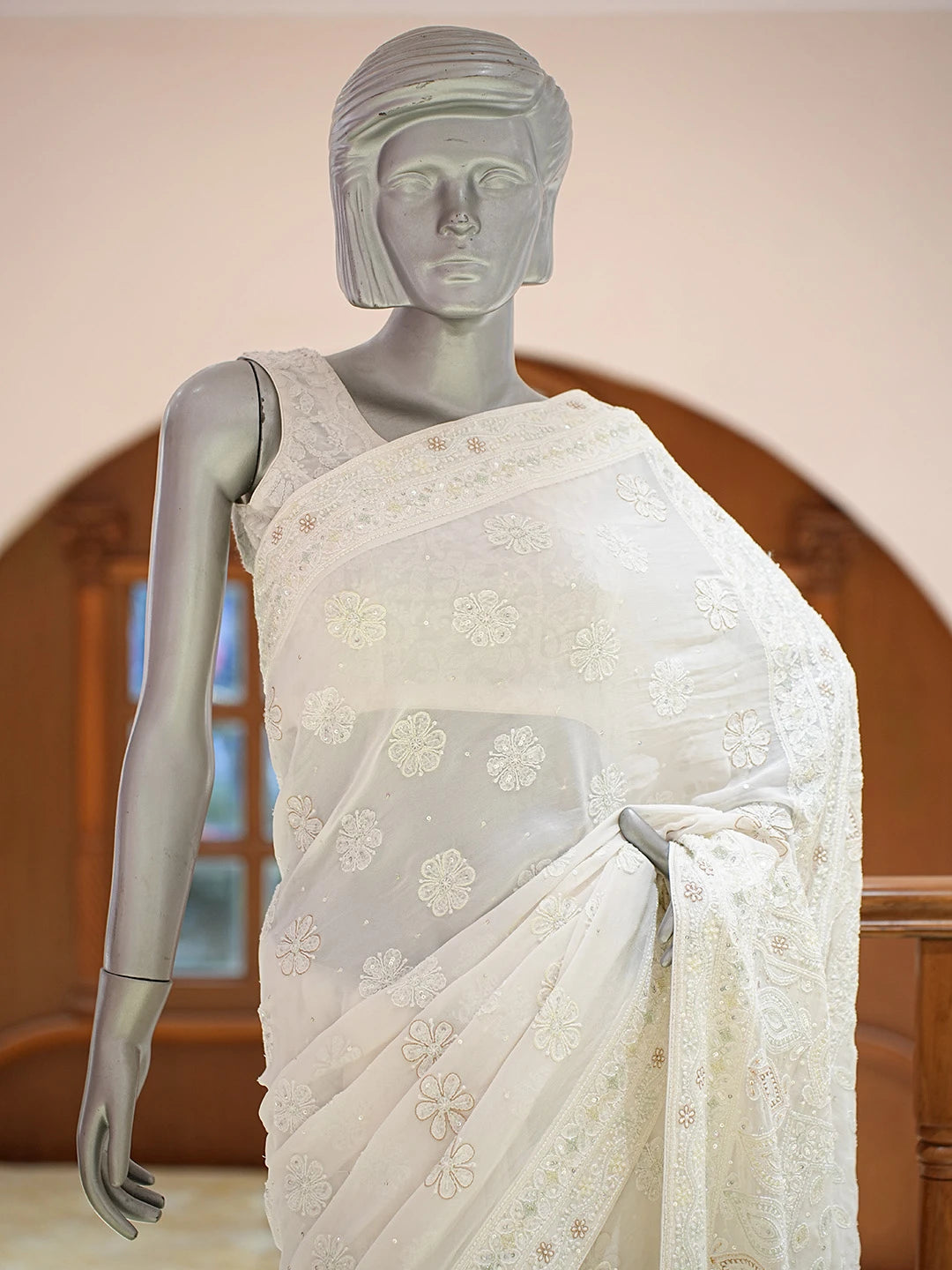 Ada Hand Embroidered White Pure Georgette Lucknowi Chikankari Saree and Blouse With Cutdana Work 01A546555