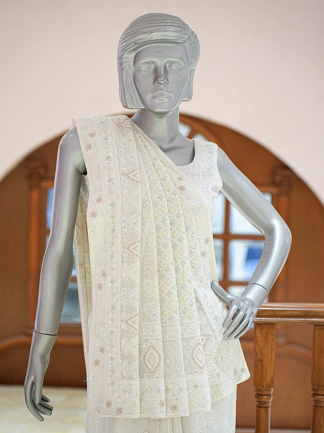 Ada Hand Embroidered White Pure Georgette Lucknowi Chikankari Saree and Blouse With Cutdana Work 01A546555
