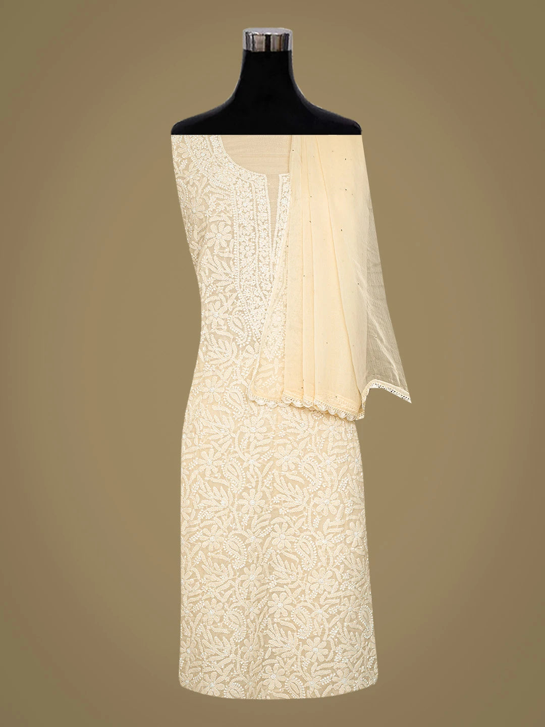 Ada Hand Embroidered Cream Cotton Lucknowi Chikankari Unstitched Suit Piece With Mukaish Work 01A826102