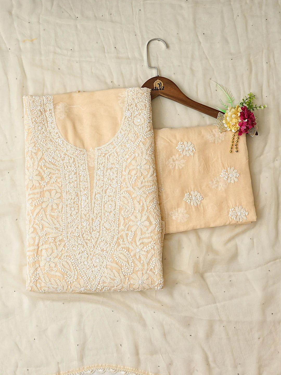 Ada Hand Embroidered Cream Cotton Lucknowi Chikankari Unstitched Suit Piece With Mukaish Work 01A826102