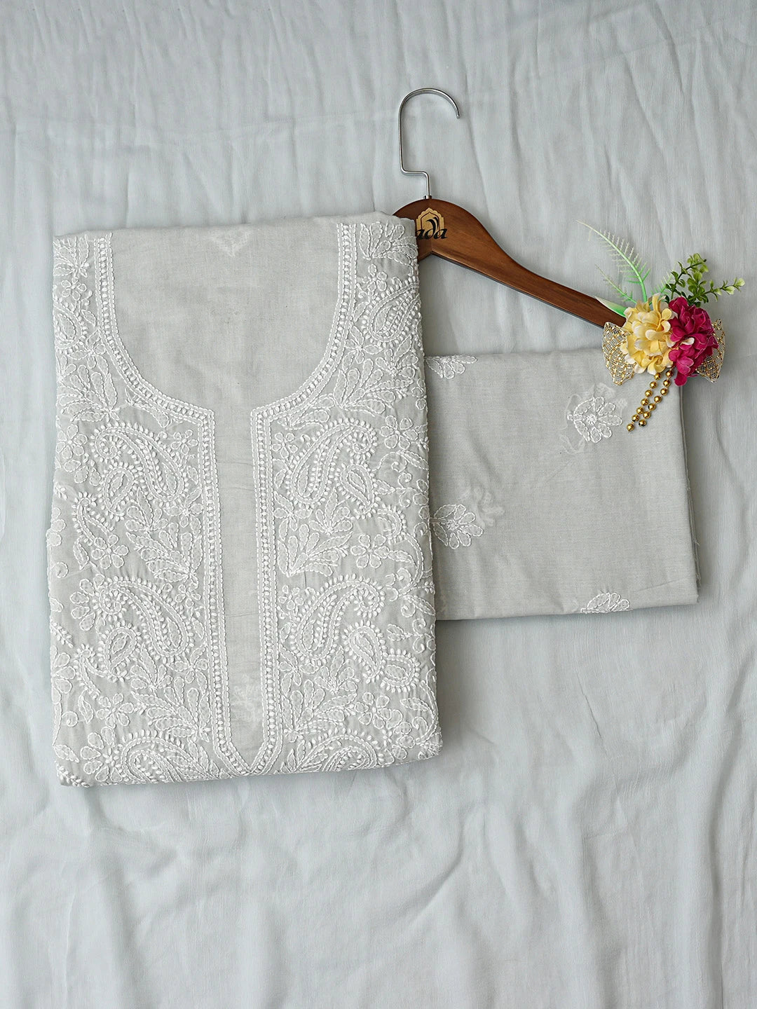 Ada Hand Embroidered Grey Cotton Lucknowi Chikankari Unstitched Suit Piece 01A782869