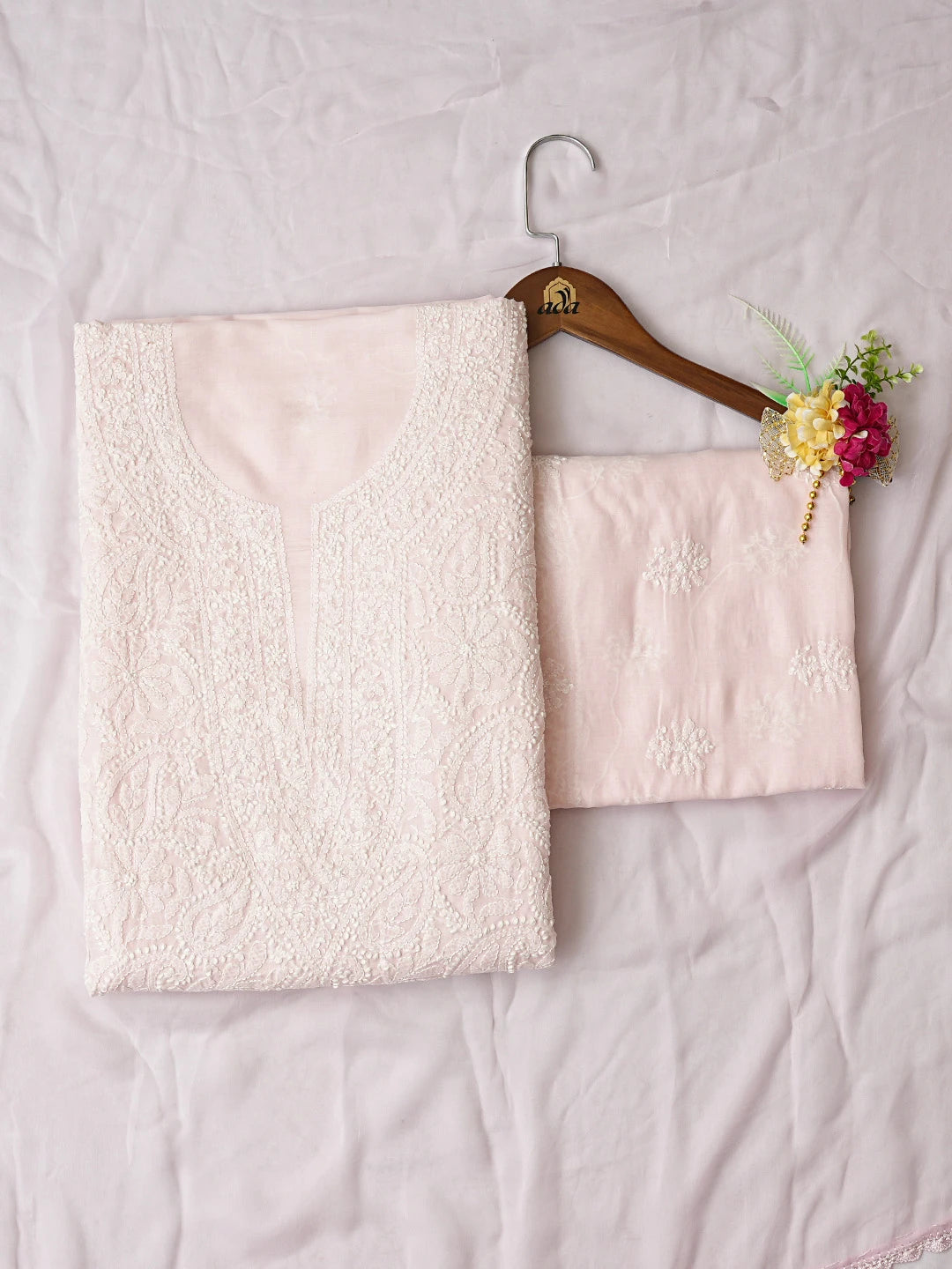 Ada Hand Embroidered Pink Cotton Lucknowi Chikankari Unstitched Suit Piece 01A826095