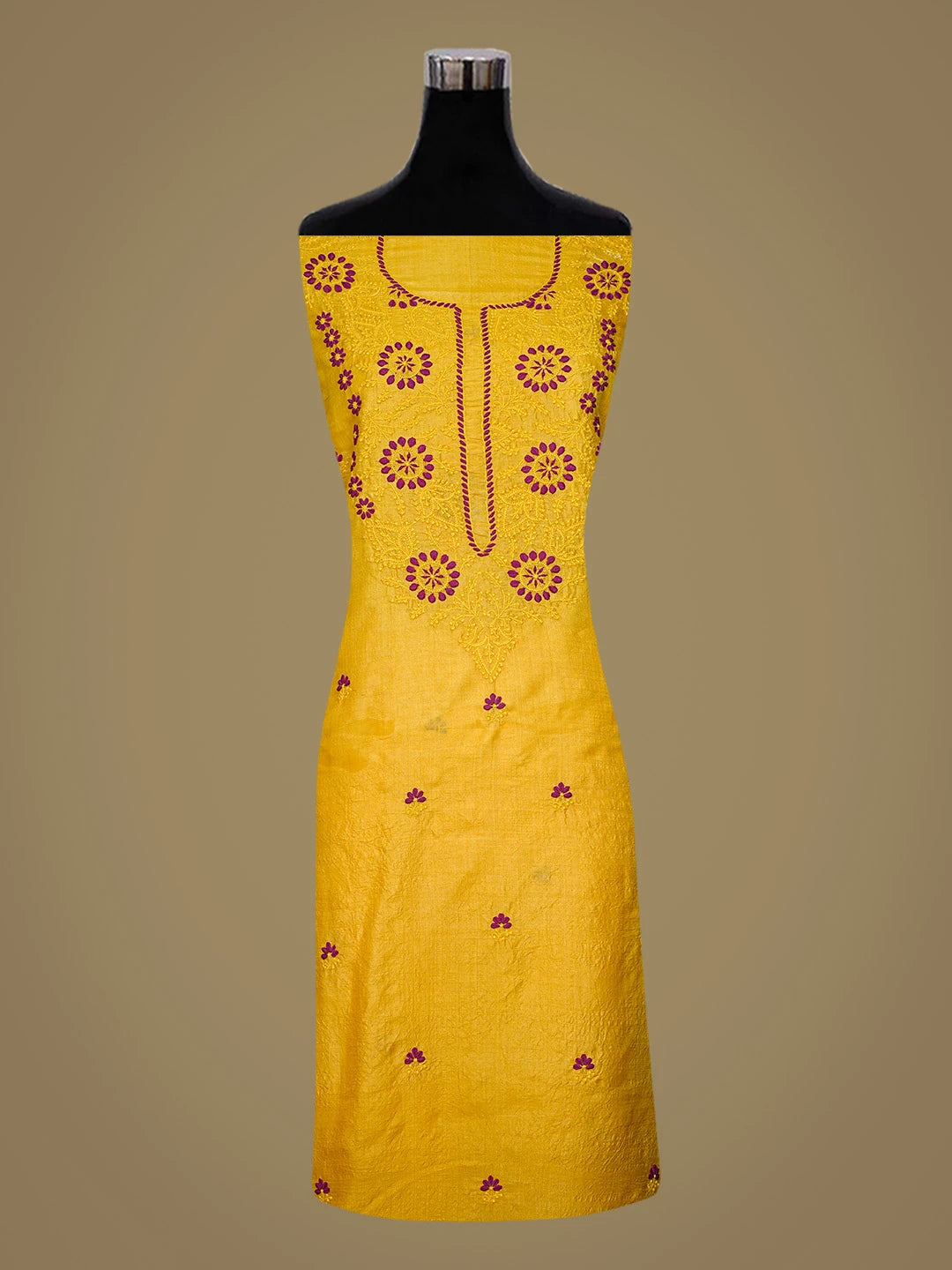 Ada Hand Embroidered Yellow Tussar Silk Lucknowi Chikankari Unstitched Suit Piece 08A500916