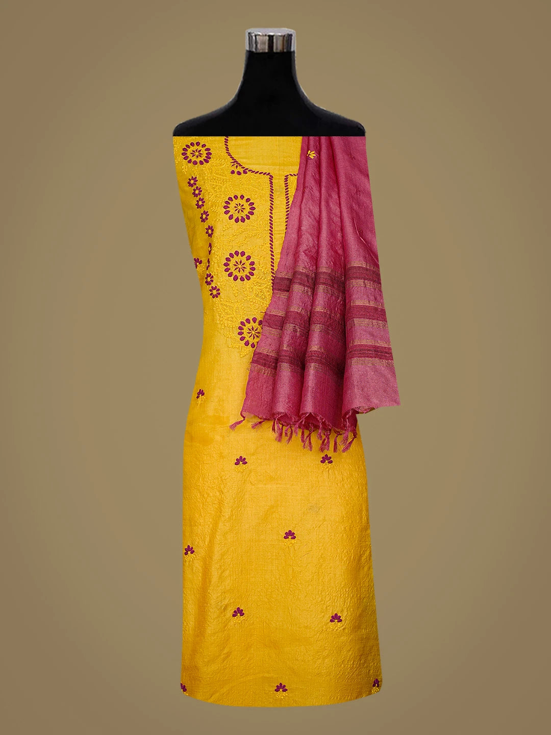 Ada Hand Embroidered Yellow Tussar Silk Lucknowi Chikankari Unstitched Suit Piece 08A500916