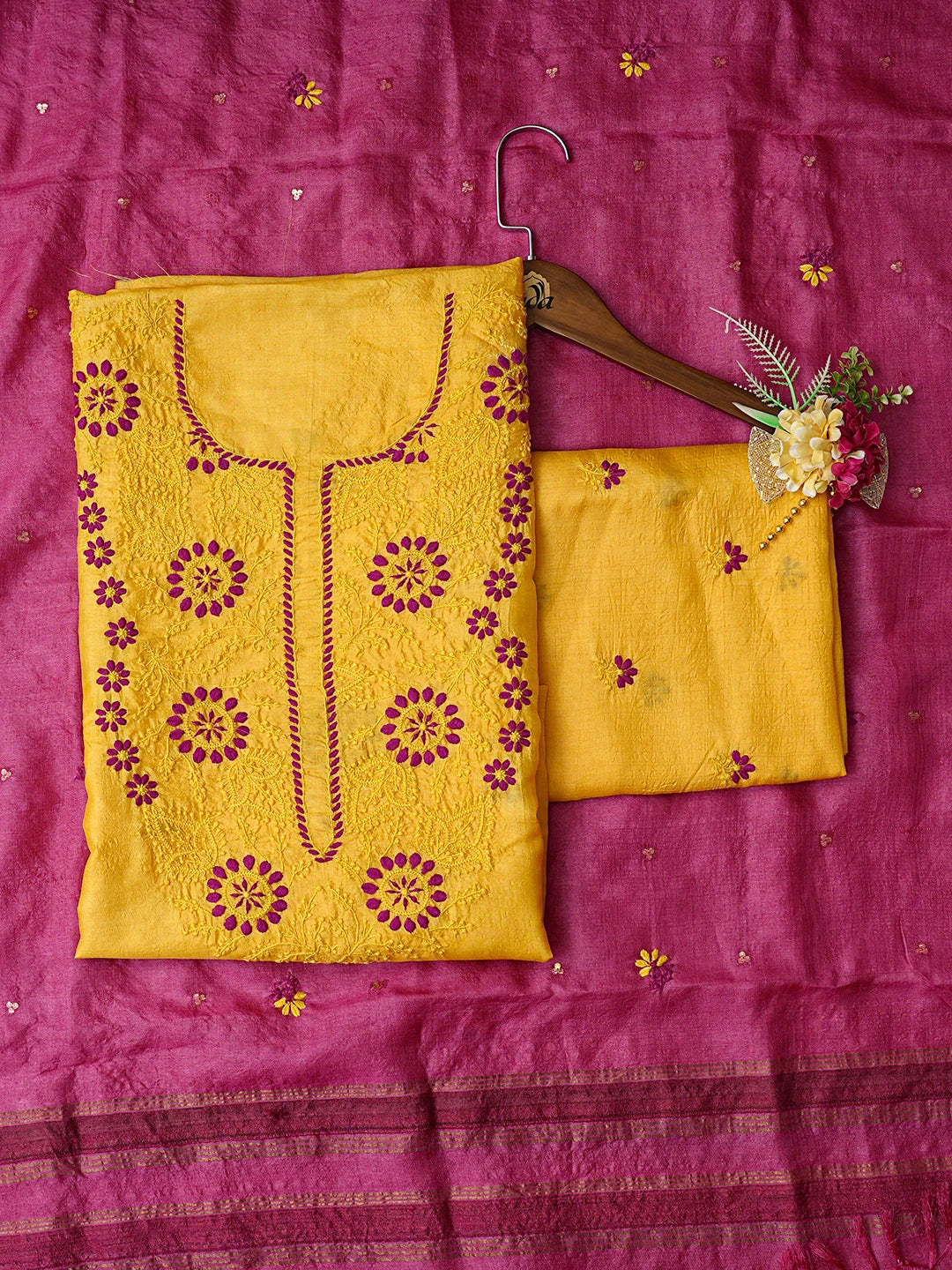 Ada Hand Embroidered Yellow Tussar Silk Lucknowi Chikankari Unstitched Suit Piece 08A500916