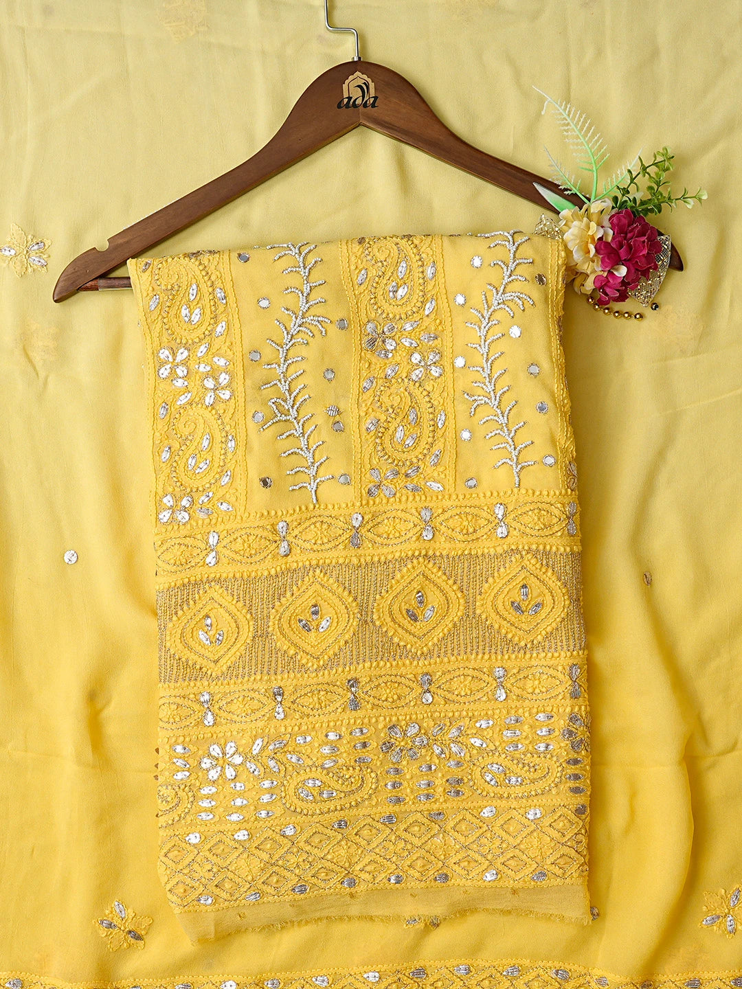 Ada Hand Embroidered Yellow Viscose Georgette Lucknowi Chikankari Unstitched Kurta Dupatta Set With Gotapatti Work 01A777556