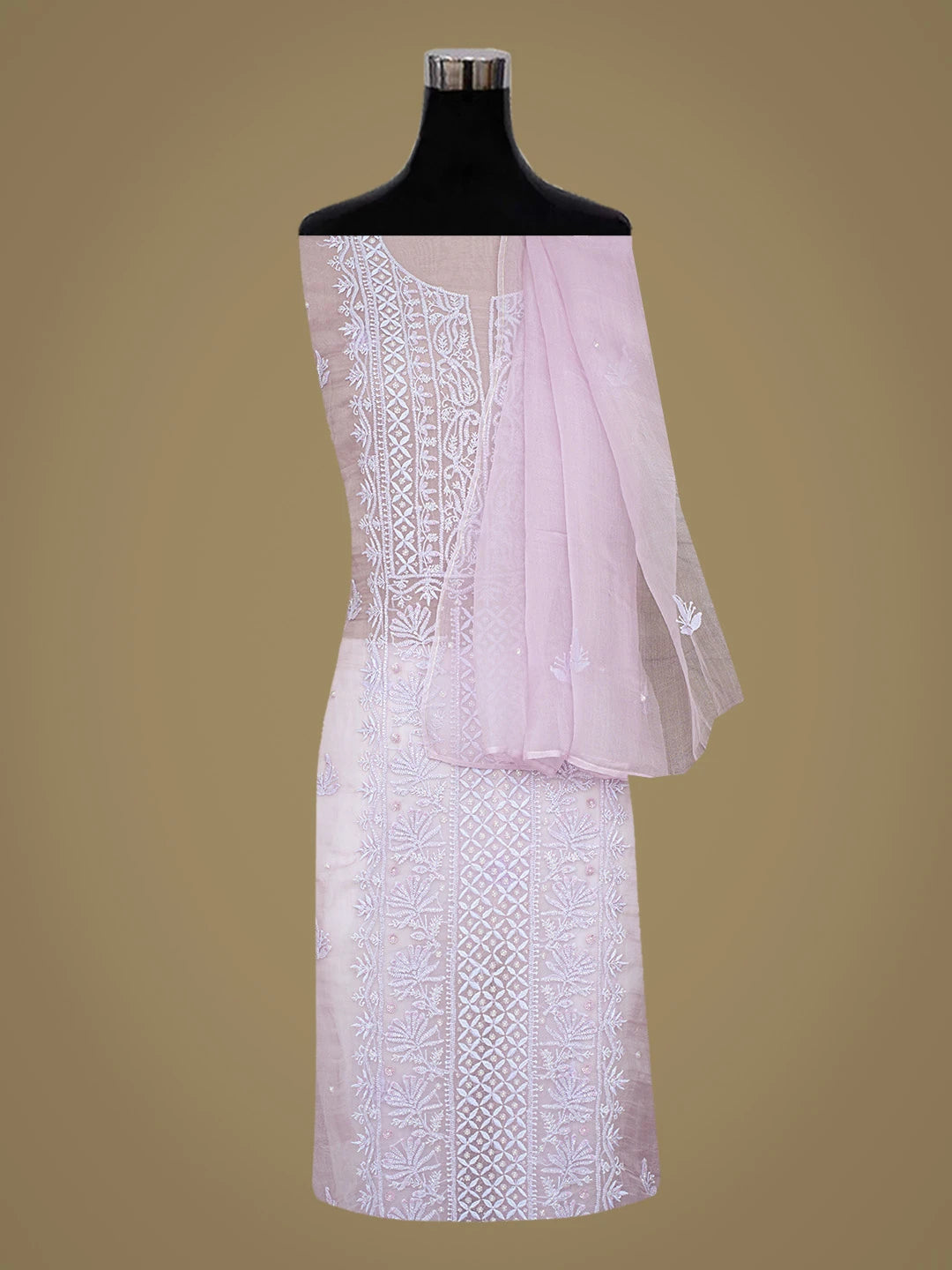 Ada Hand Embroidered Mauve Organza Lucknowi Chikankari Unstitched Kurta Dupatta Set With Cutdana Work 01A817639