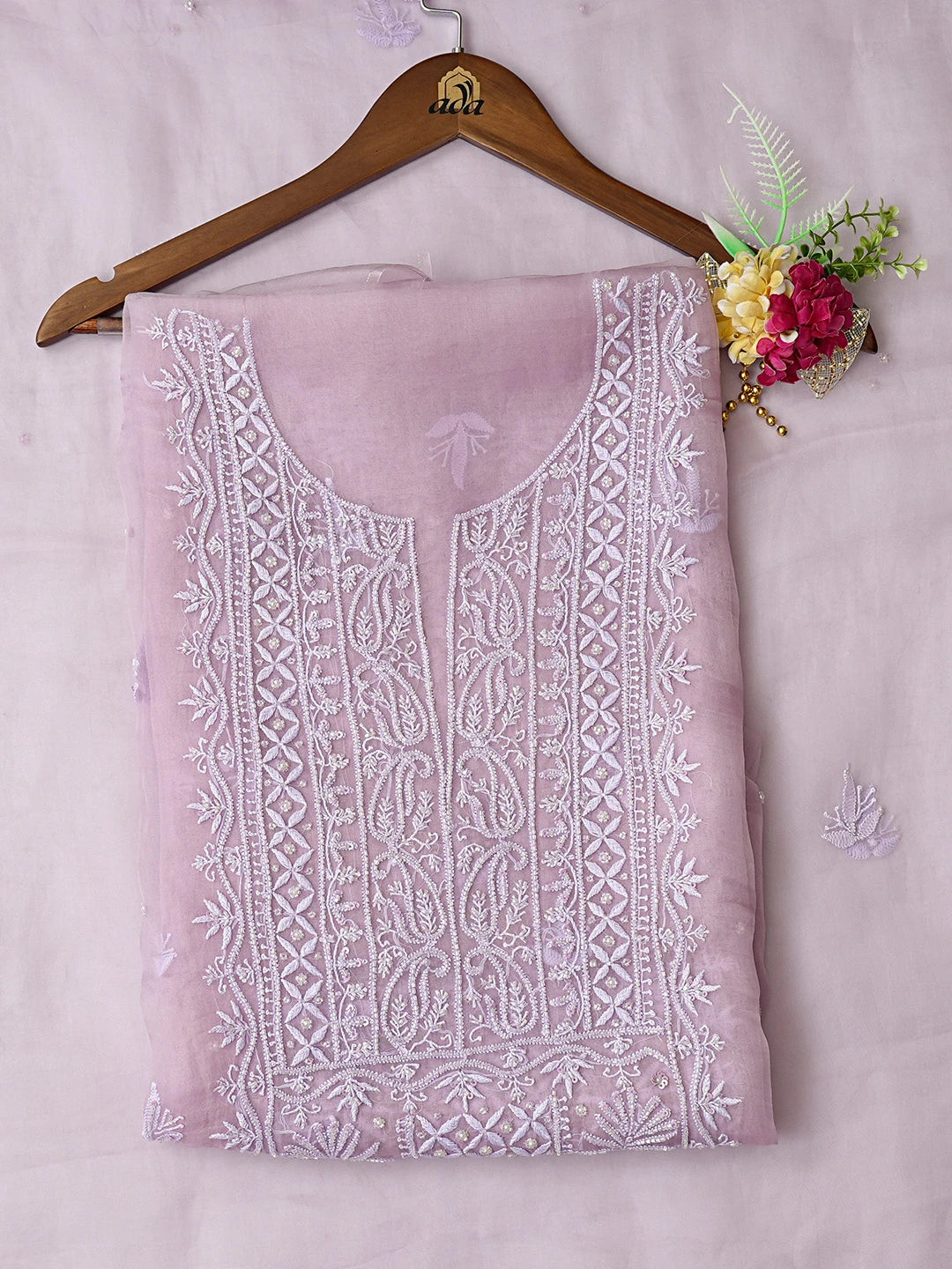 Ada Hand Embroidered Mauve Organza Lucknowi Chikankari Unstitched Kurta Dupatta Set With Cutdana Work 01A817639