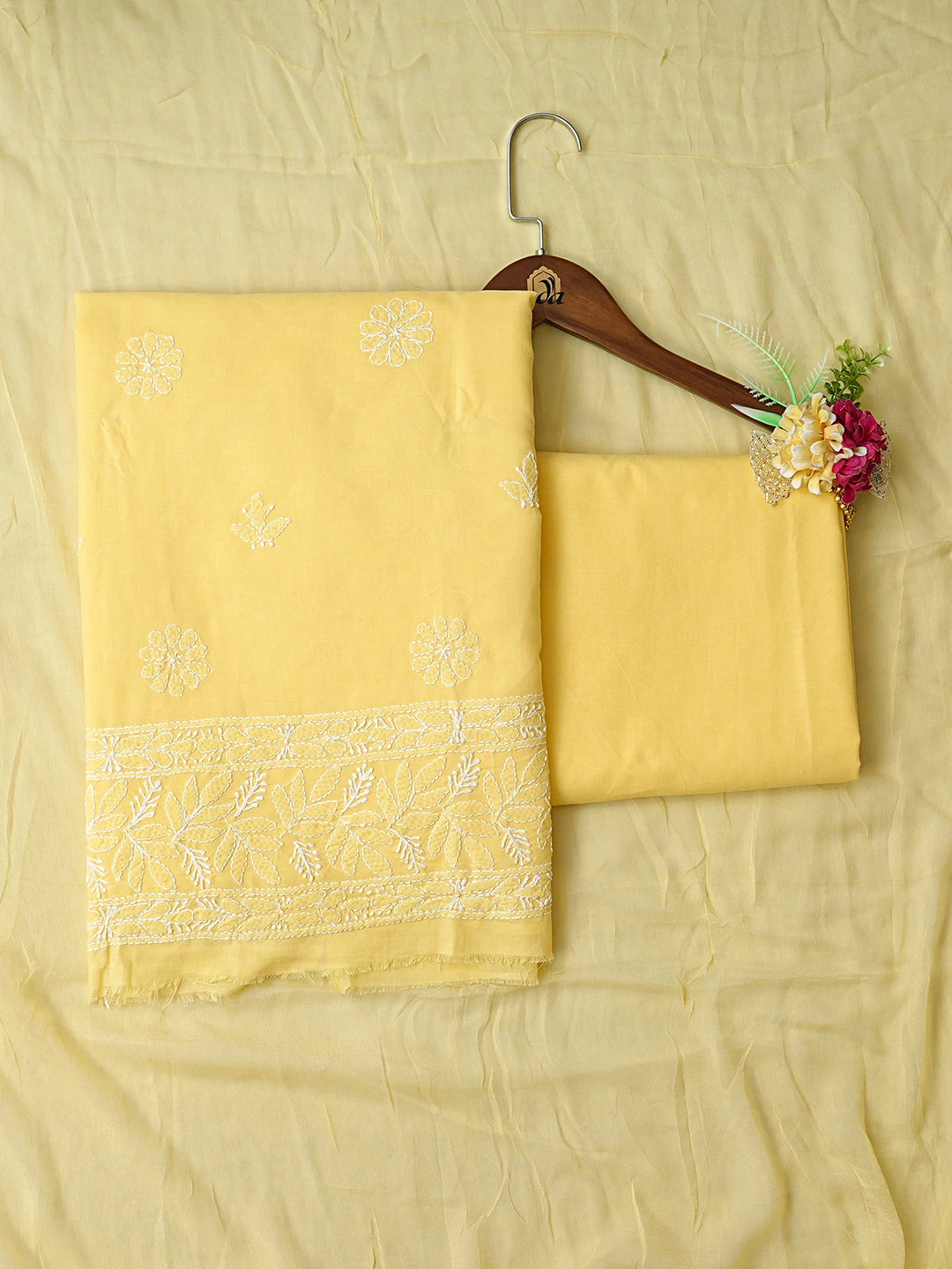 Ada Hand Embroidered Yellow Cotton Lucknowi Chikankari Unstitched Suit Piece 08A500501